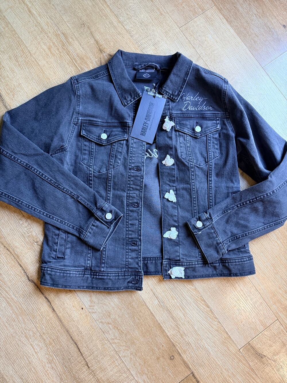 Harley Davidson women’s silver wing stretch denim jacket